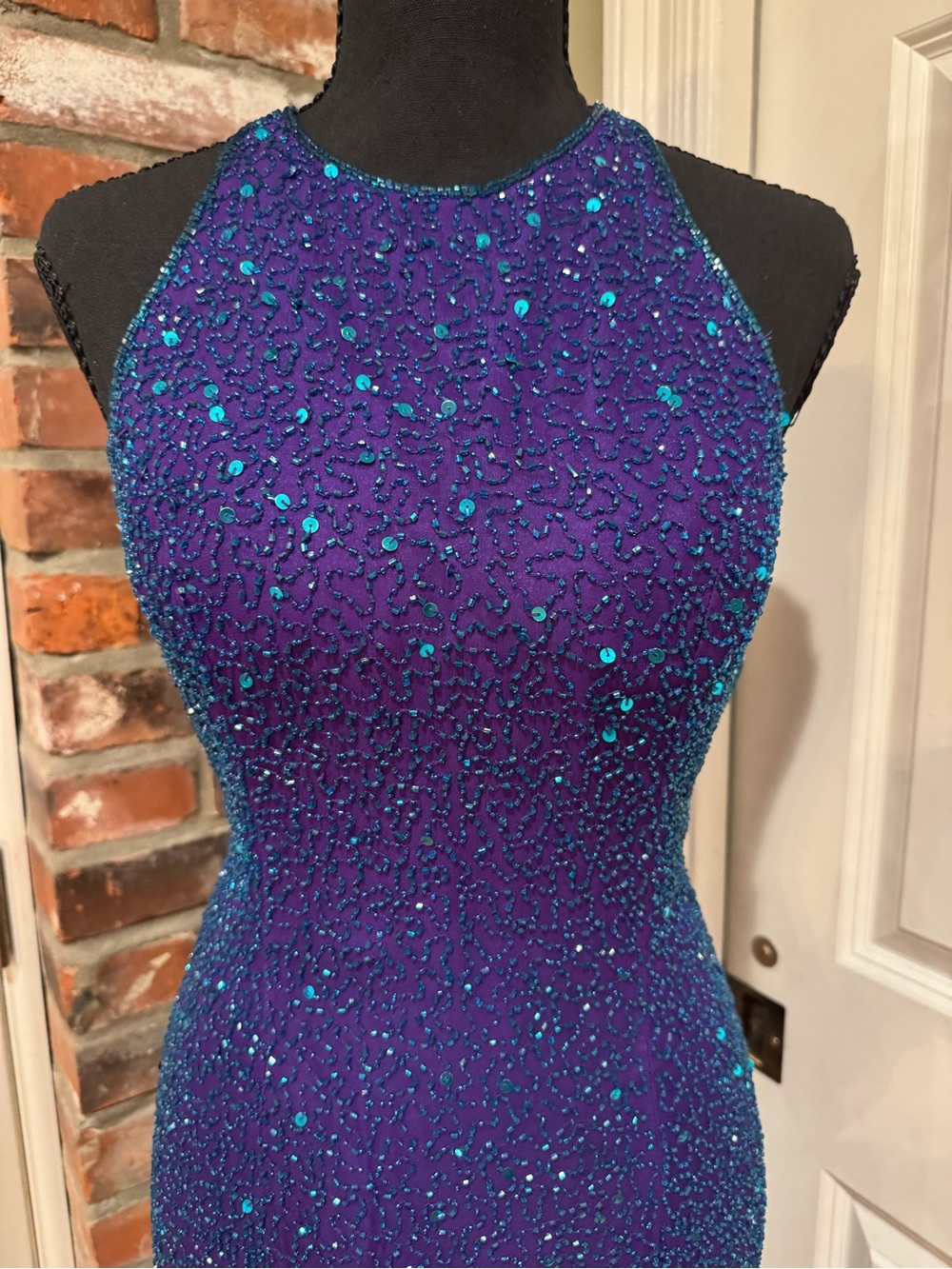 Scala Purple Beaded Halter Prom Dress with Teal Accents